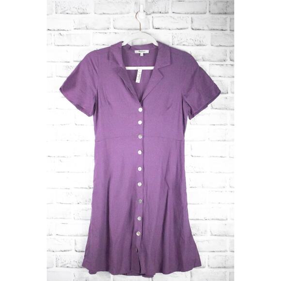 Madewell Purple Linen Short Sleeve A Line Button Front Dress Size 0 Collar Retro - Picture 2 of 11